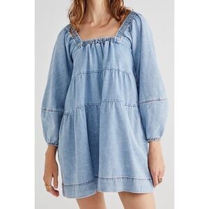 Free People Denim Mini Dress Babydoll M Lou Jean Babydoll Dress in Washed O2